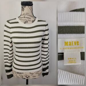 Maeve By Anthropologie Sweater Sz Small Olive White Striped Fitted Crewneck